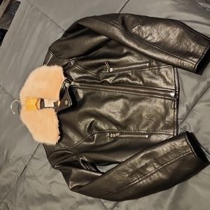 Moto jacket black with pink faux fur at the collar women